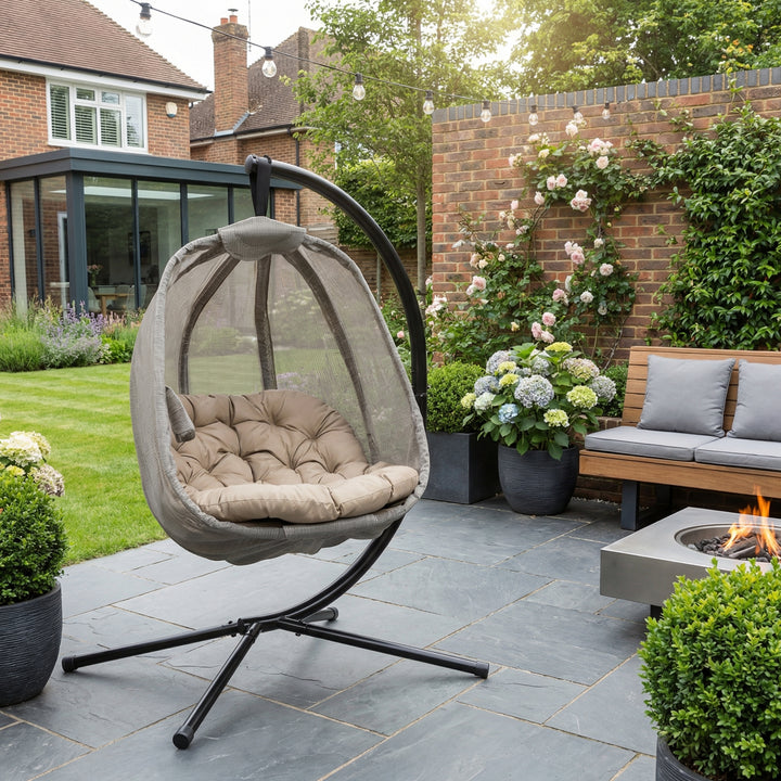 Hanging khaki swing egg chair, folding hammock, cushion & side pocket SYNERGYOCITY