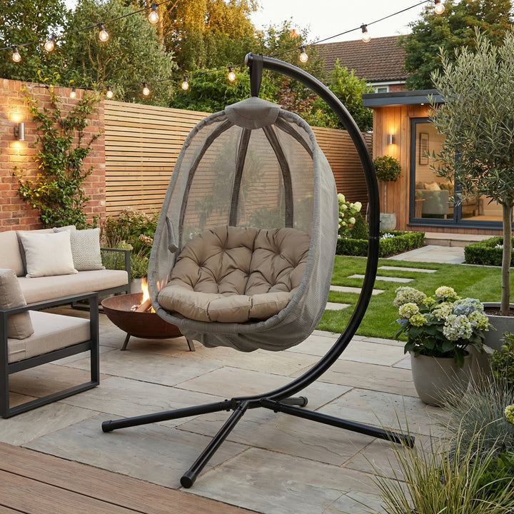 Hanging khaki swing egg chair, folding hammock, cushion & side pocket SYNERGYOCITY