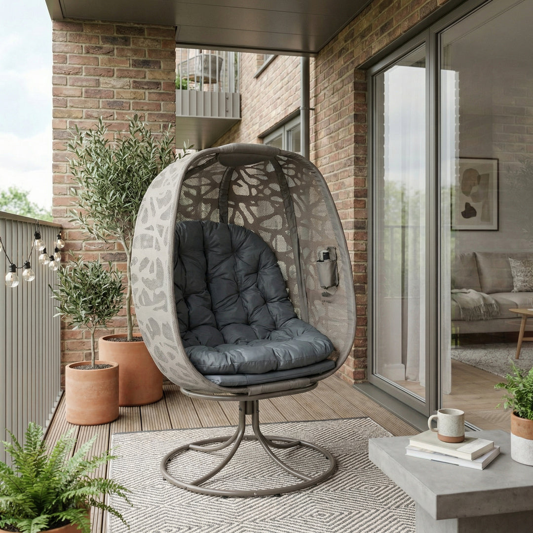 Swivel grey egg chair with cushions, foldable basket, metal frame, 360° rotating LOOMITH