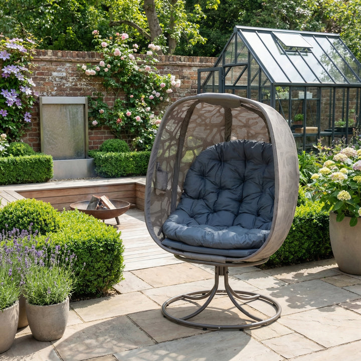Swivel grey egg chair with cushions, foldable basket, metal frame, 360° rotating LOOMITH