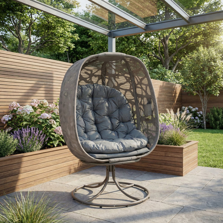 Swivel grey egg chair with cushions, foldable basket, metal frame, 360° rotating LOOMITH