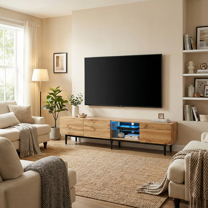 Wooden TV stand 3 doors with adjustable LED lighting NORWYN