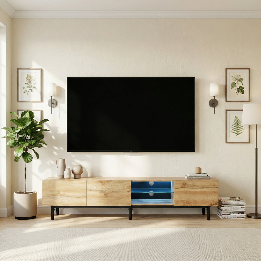 Wooden TV stand 3 doors with adjustable LED lighting NORWYN