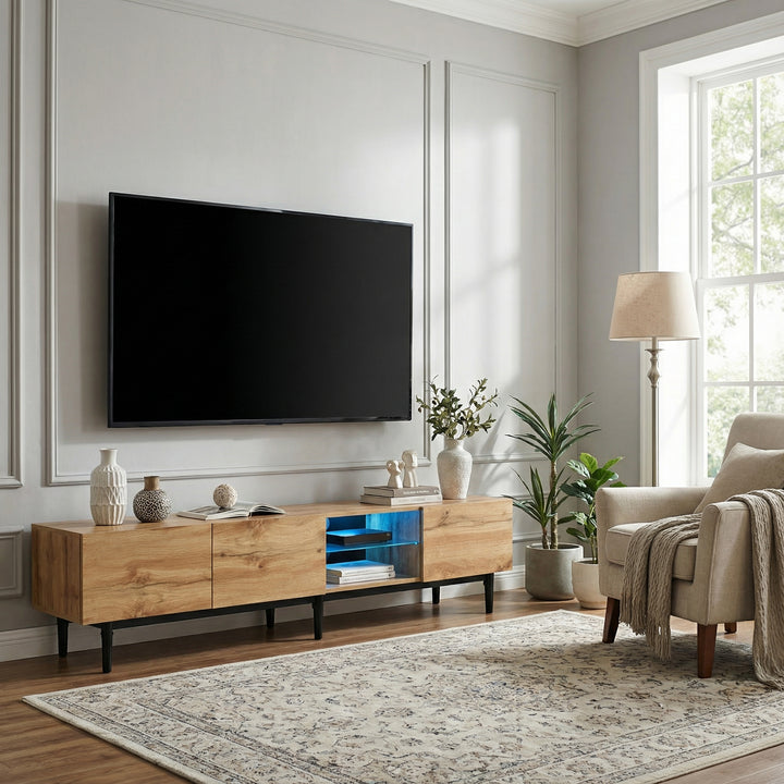 Wooden TV stand 3 doors with adjustable LED lighting NORWYN