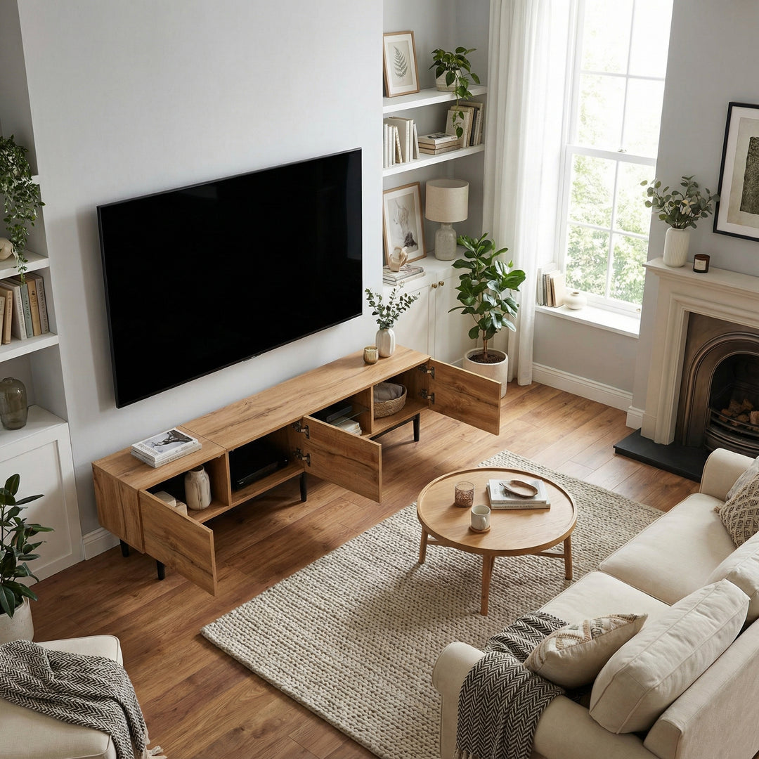 Wooden TV stand 3 doors with adjustable LED lighting NORWYN