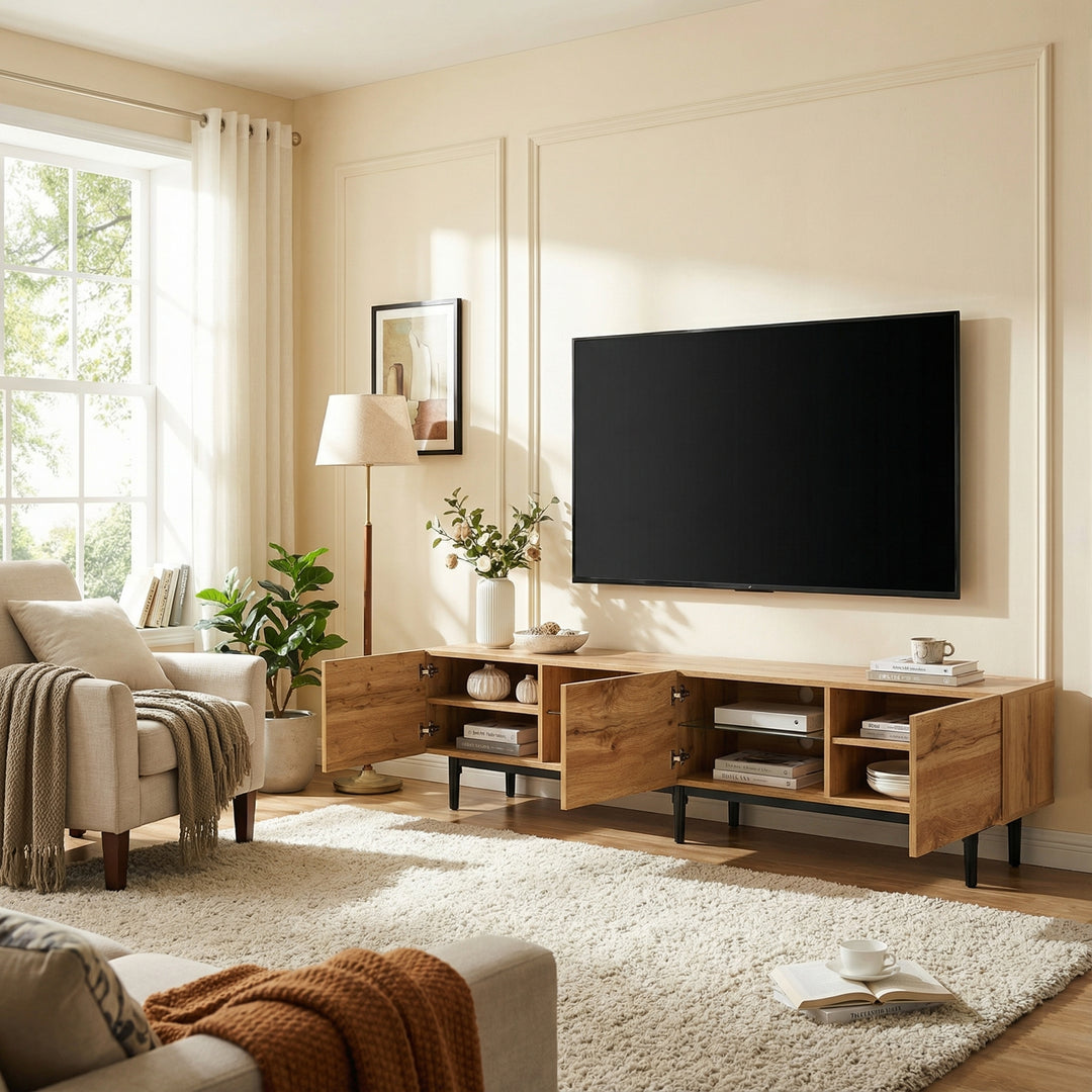 Wooden TV stand 3 doors with adjustable LED lighting NORWYN