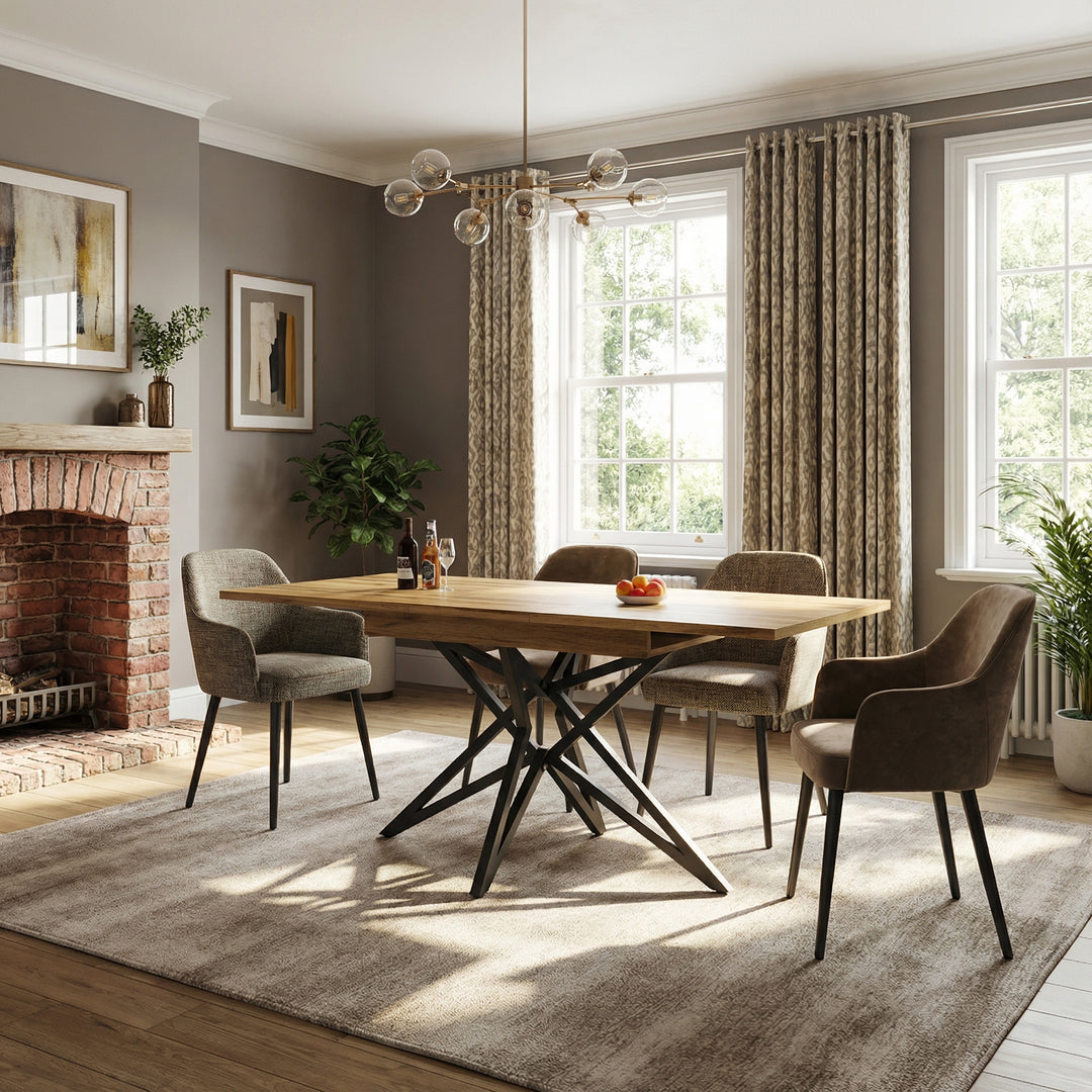 Extendable walnut-look dining table (120-160cm) with star-shaped metal legs SILKROUTE