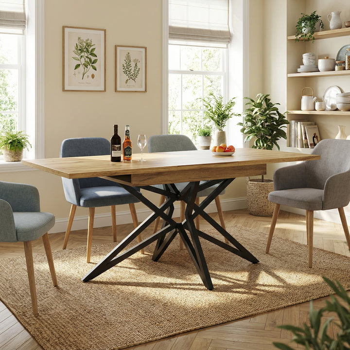 Extendable walnut-look dining table (120-160cm) with star-shaped metal legs SILKROUTE