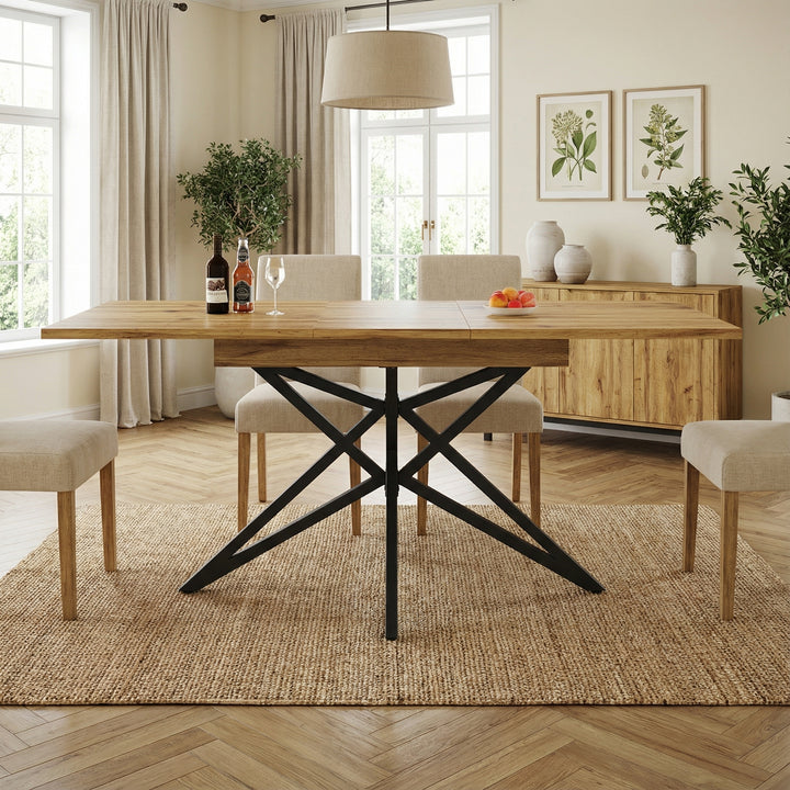 Extendable walnut-look dining table (120-160cm) with star-shaped metal legs SILKROUTE