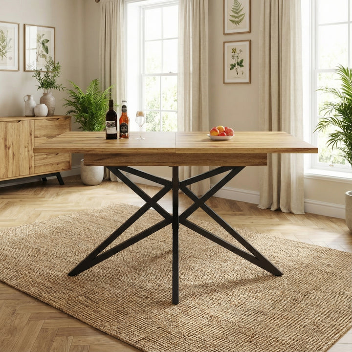 Extendable walnut-look dining table (120-160cm) with star-shaped metal legs SILKROUTE