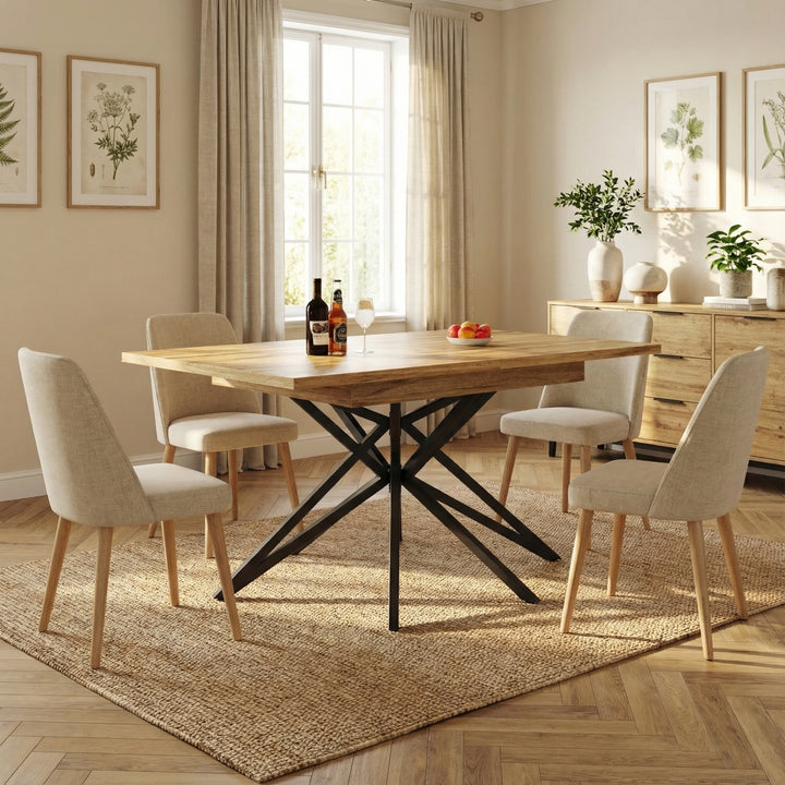 Extendable walnut-look dining table (120-160cm) with star-shaped metal legs SILKROUTE