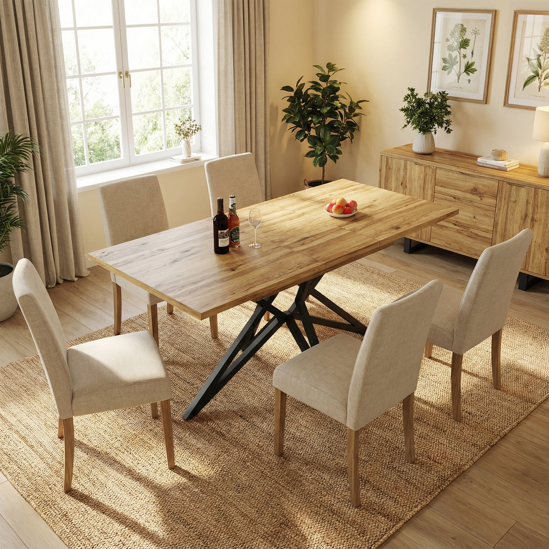 Extendable walnut-look dining table (120-160cm) with star-shaped metal legs SILKROUTE