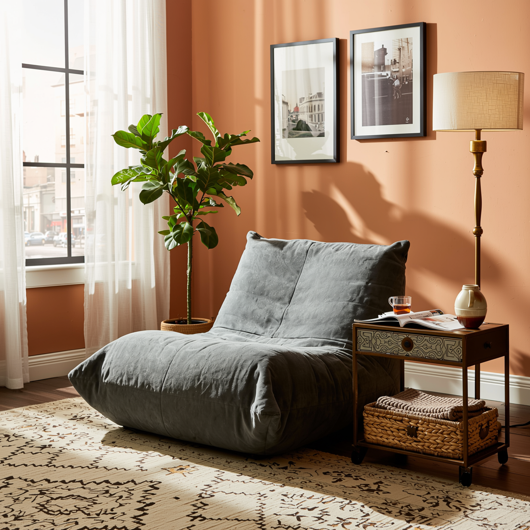 Comfy dark grey chenille bean bag lazy sofa with full-body support & non-slip base CELESTEEN