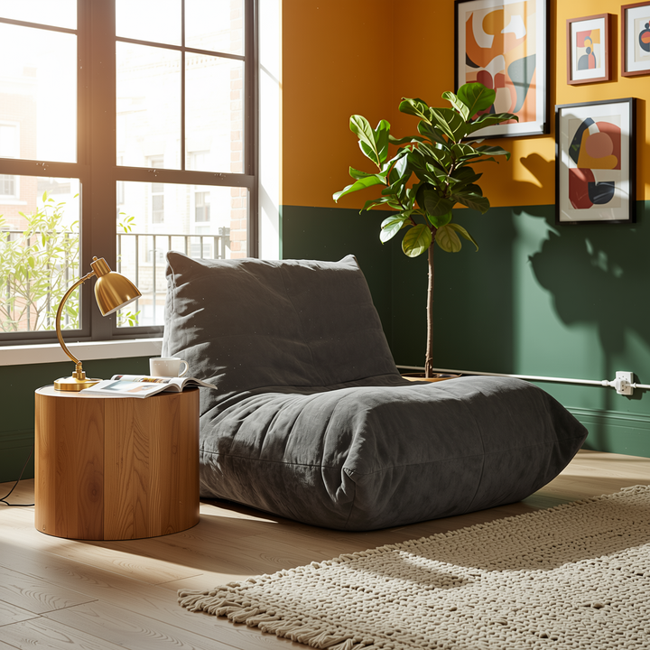 Comfy dark grey chenille bean bag lazy sofa with full-body support & non-slip base CELESTEEN