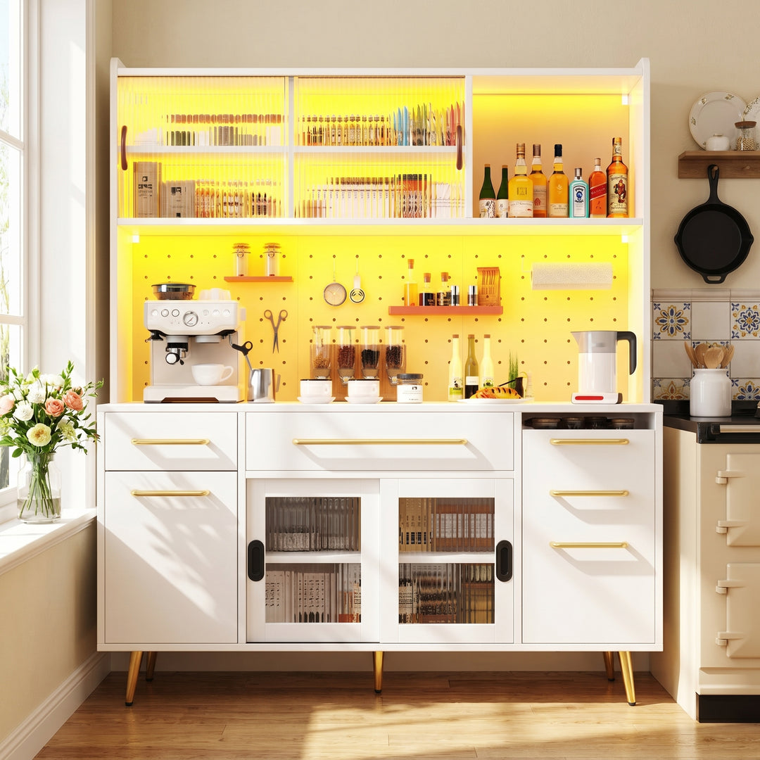 White kitchen hutch with LED lighting 145×39×171cm STRATOSERA