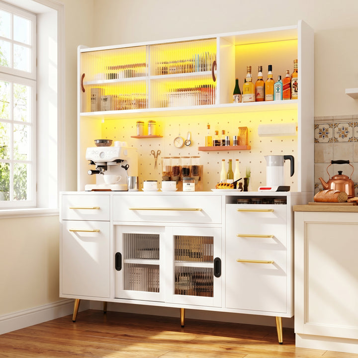 White kitchen hutch with LED lighting 145×39×171cm STRATOSERA