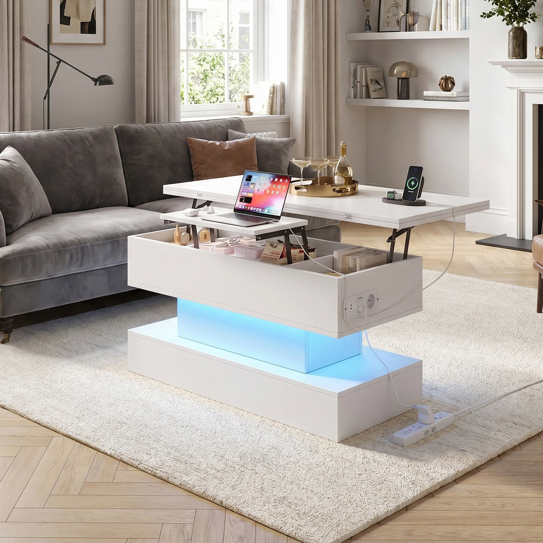 White Lift-top coffee table with LED with charging station ARMOIRERATTAN