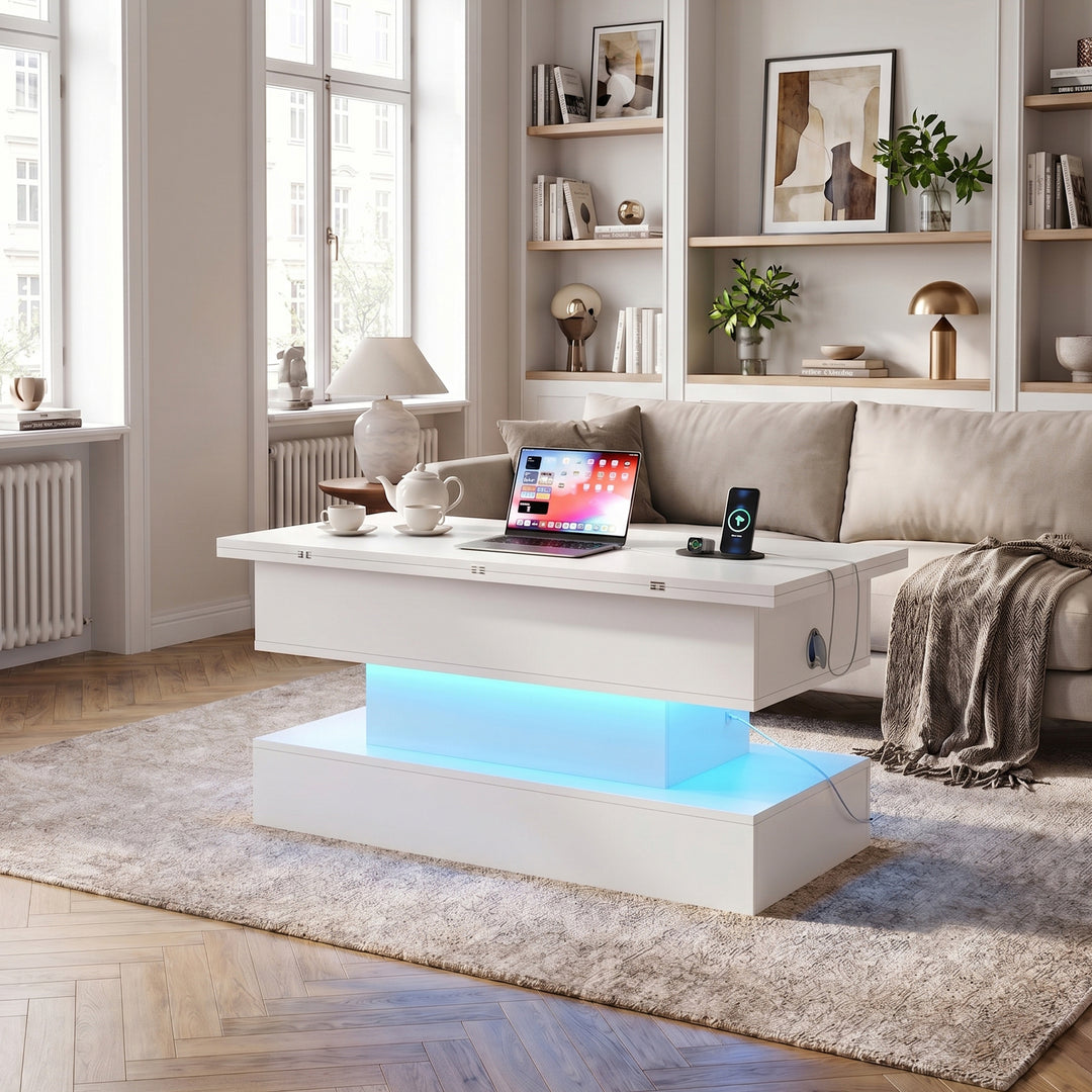 White Lift-top coffee table with LED with charging station ARMOIRERATTAN