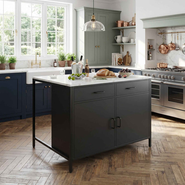 00+Kitchen Island Modern Style Black whit Marble Pattern Tabletop & 2 Drawers for Dining Room ARMOIRELITE