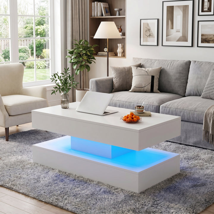 White lift-up coffee table with LED lighting with charging station 100x50x42cm ARMOIREPRIME