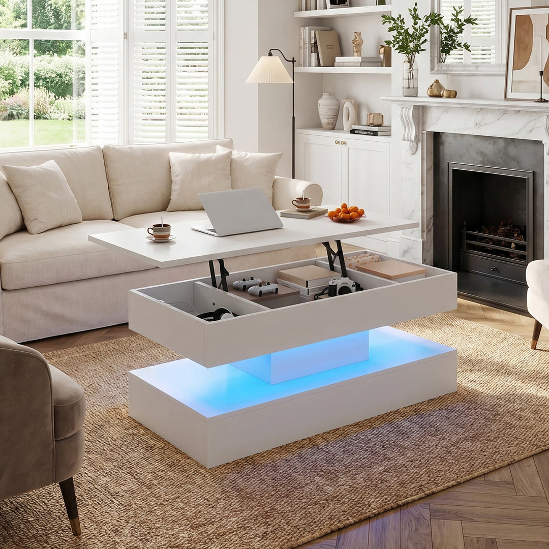 White lift-up coffee table with LED lighting with charging station 100x50x42cm ARMOIREPRIME