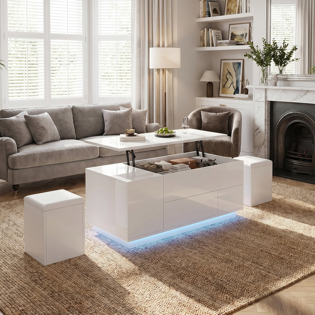 White high gloss lift-up coffee table 4-in-1 with LED and 2 storage stools ARMOIREPURE