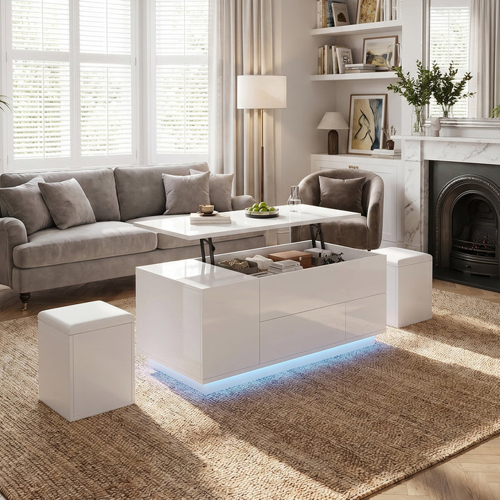 White high gloss lift-up coffee table 4-in-1 with LED and 2 storage stools ARMOIREPURE