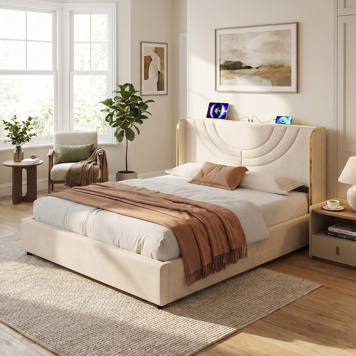 Double cream upholstered ottoman bed frame with gold trim and LED lighting with charging station 135x190cm (No Mattress) ARMOIREMARBLE