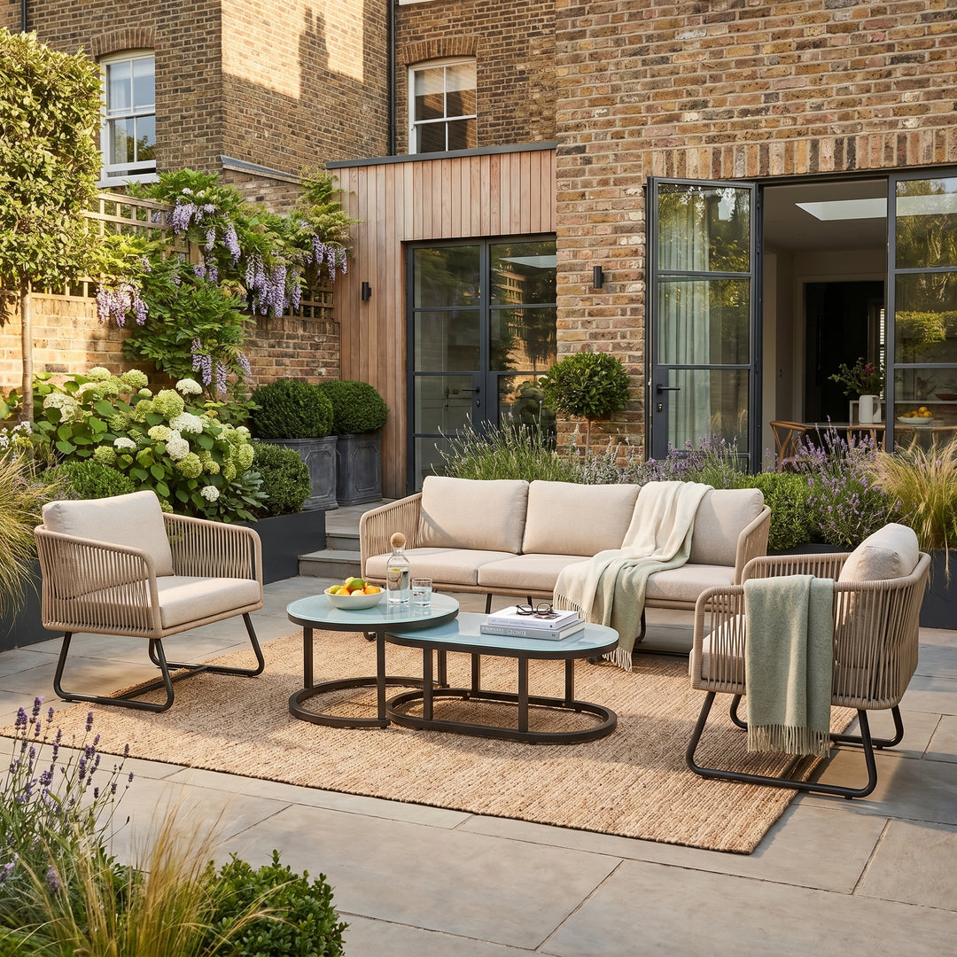 Outdoor garden lounge sofa set, 3 pieces beige with thick cushions & glass coffee table ASHBENCH