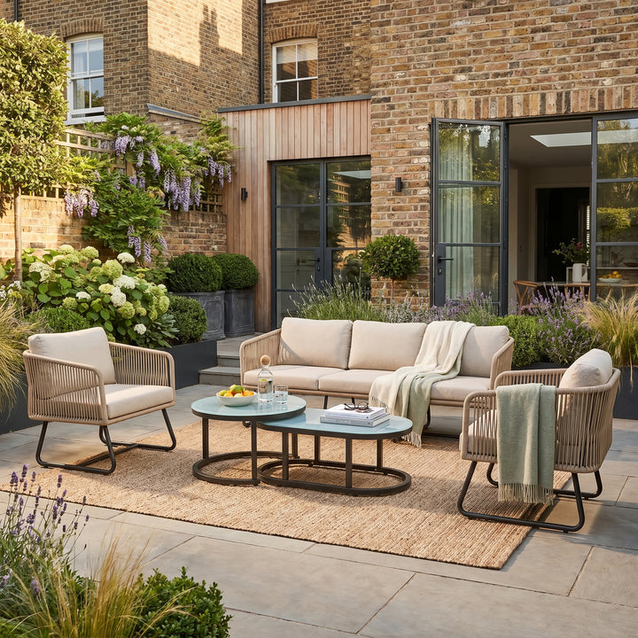 Outdoor garden lounge sofa set, 3 pieces beige with thick cushions & glass coffee table ASHBENCH