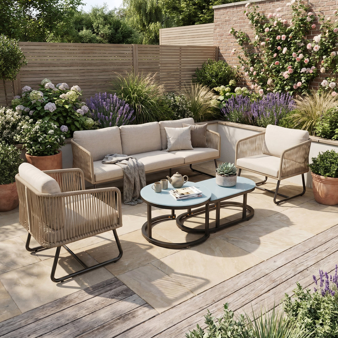 Outdoor garden lounge sofa set, 3 pieces beige with thick cushions & glass coffee table ASHBENCH