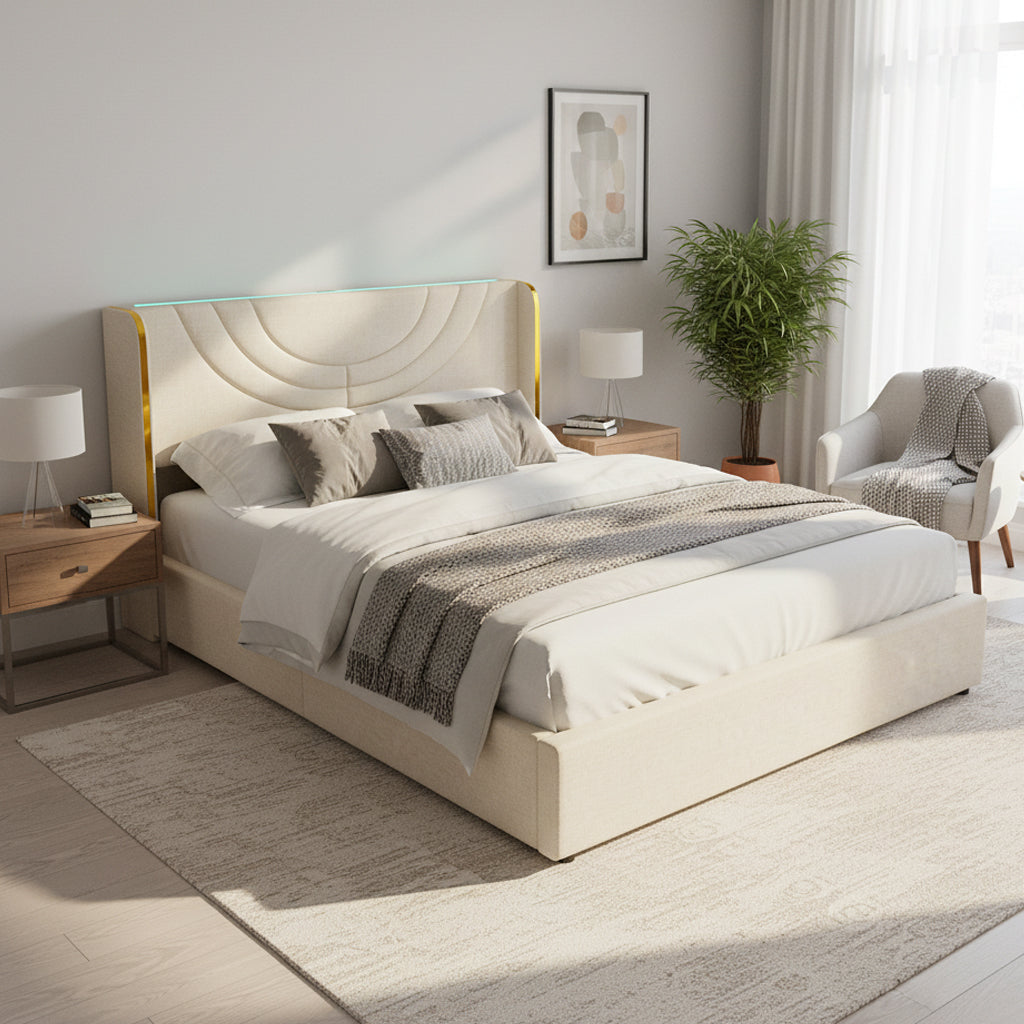 Double cream upholstered ottoman bed frame with gold trim and LED lighting with charging station 135x190cm (No Mattress) ARMOIREMARBLE
