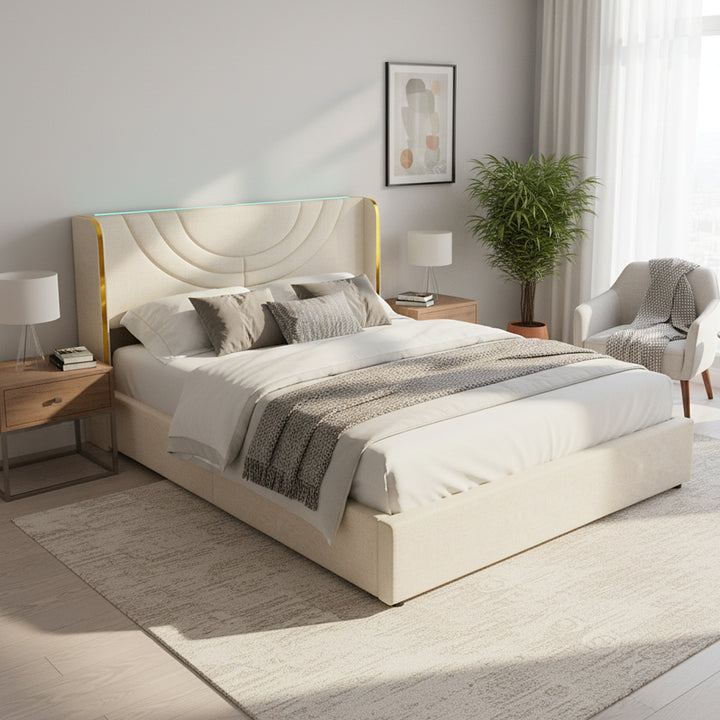 Double cream upholstered ottoman bed frame with gold trim and LED lighting with charging station 135x190cm (No Mattress) ARMOIREMARBLE