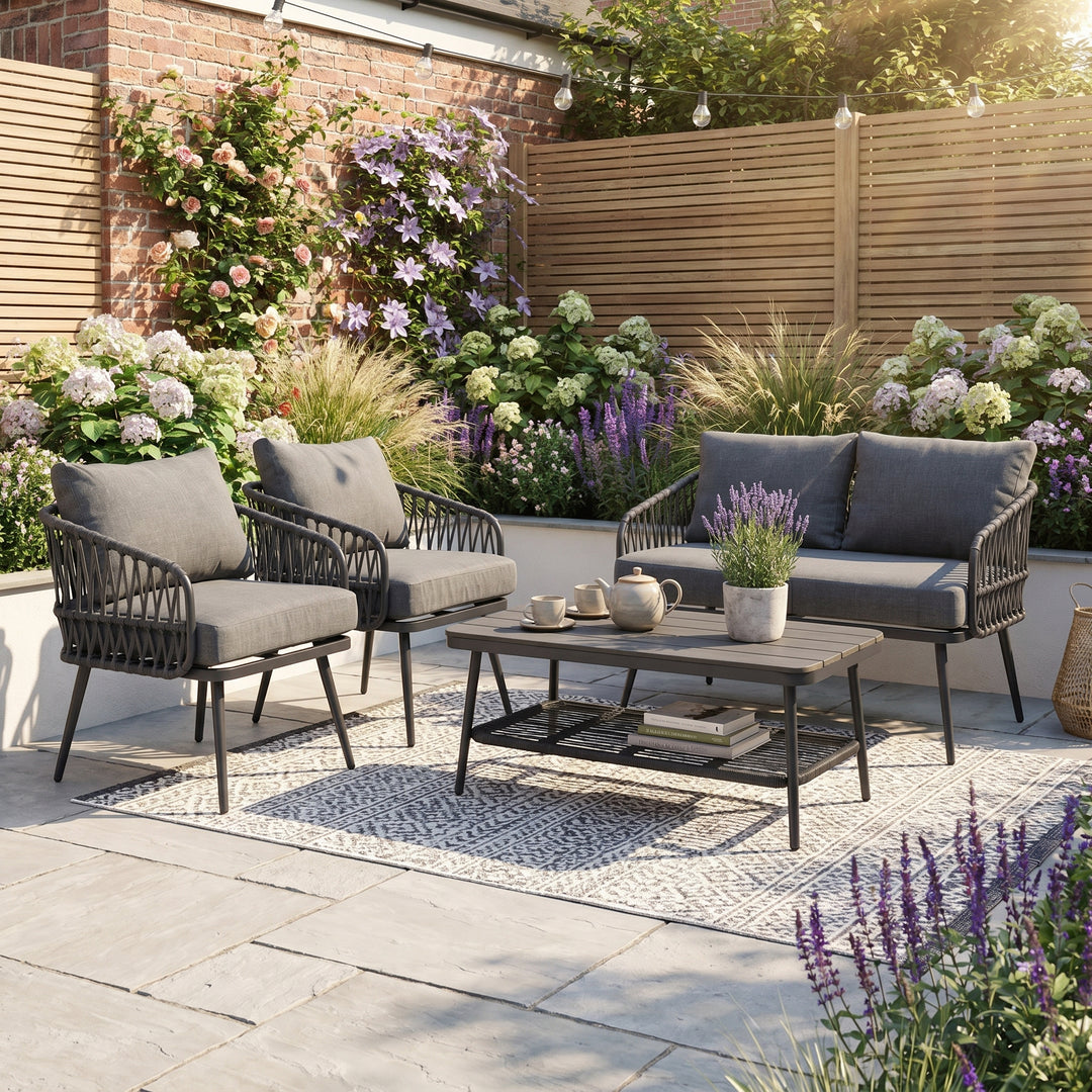 4 seaters outdoor garden set grey, sofa & 2 armchairs and with coffee table ASHARMOIRE