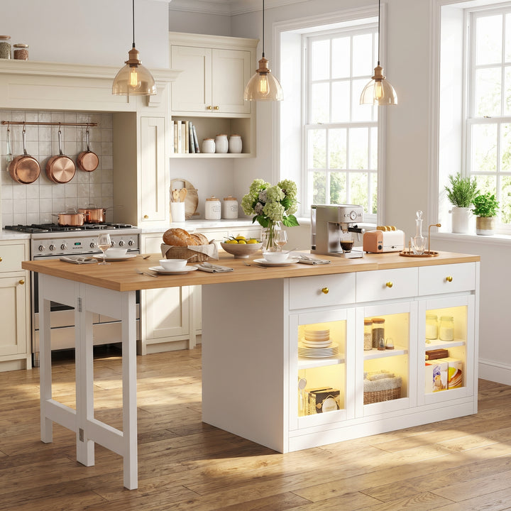 Extendable kitchen island rotatable table with LED lights storage ARMOIRESTYLE
