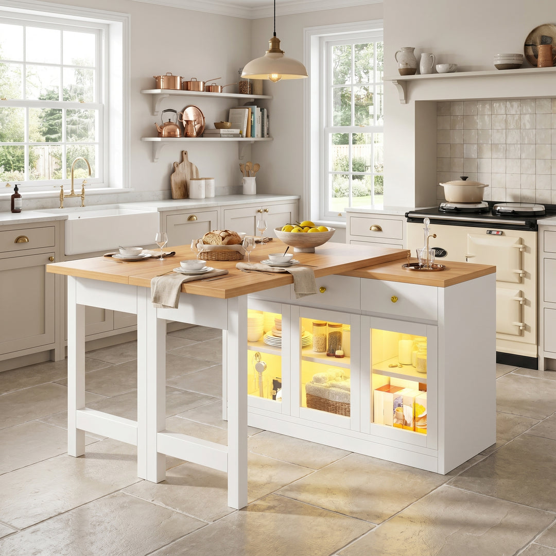 Extendable kitchen island rotatable table with LED lights storage ARMOIRESTYLE