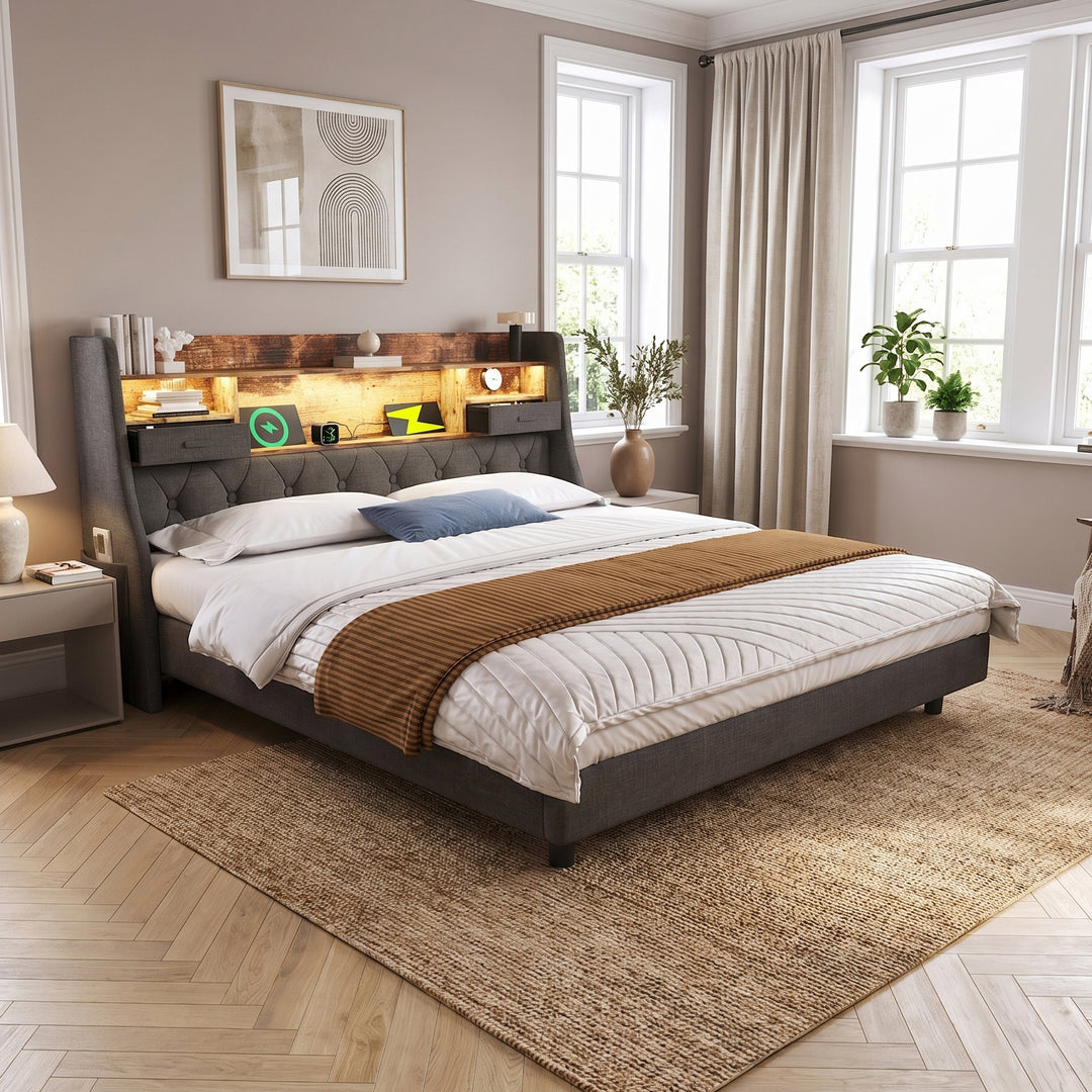 Button-tufted grey linen bedstead with LED storage headboard and charging station, elevated base for easy cleaning, no mattress 140*200cm ARMOIREPLASTIC
