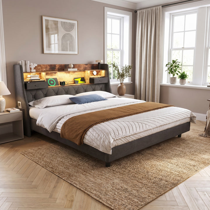Button-tufted grey linen bedstead with LED storage headboard and charging station, elevated base for easy cleaning, no mattress 140*200cm ARMOIREPLASTIC