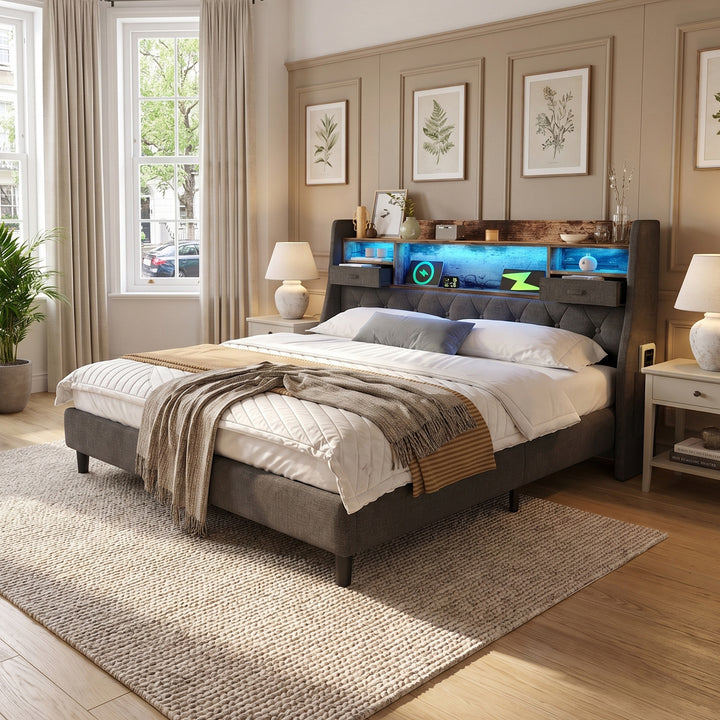 Button-tufted grey linen bedstead with LED storage headboard and charging station, elevated base for easy cleaning, no mattress 140*200cm ARMOIREPLASTIC