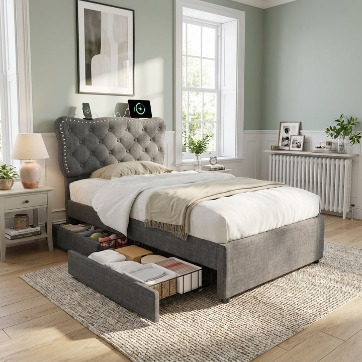 Tufted single upholstered grey divan bed 90x190 with 2 drawers No Mattress ARMOIREONE