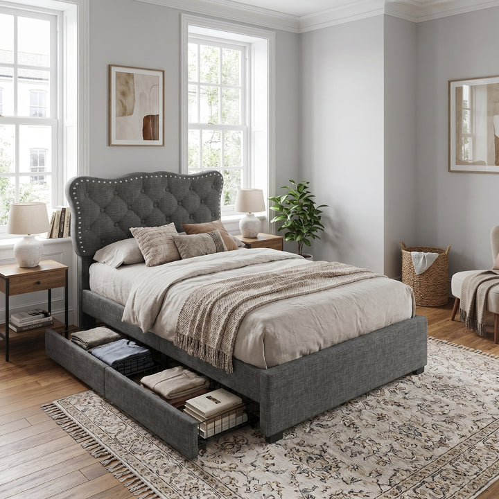 Tufted single upholstered grey divan bed 90x190 with 2 drawers No Mattress ARMOIREONE