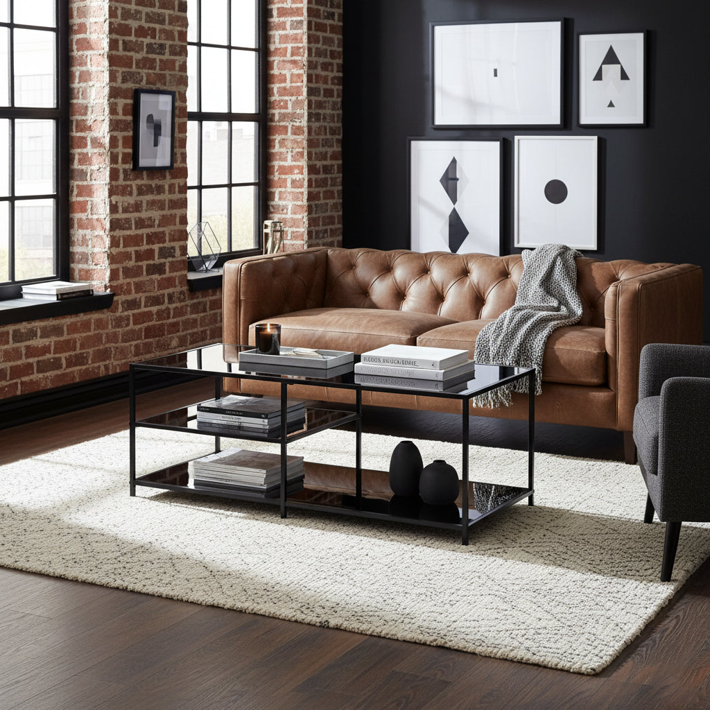 3-tier rectangular black transparent tempered glass coffee table 110*40cm JONINA