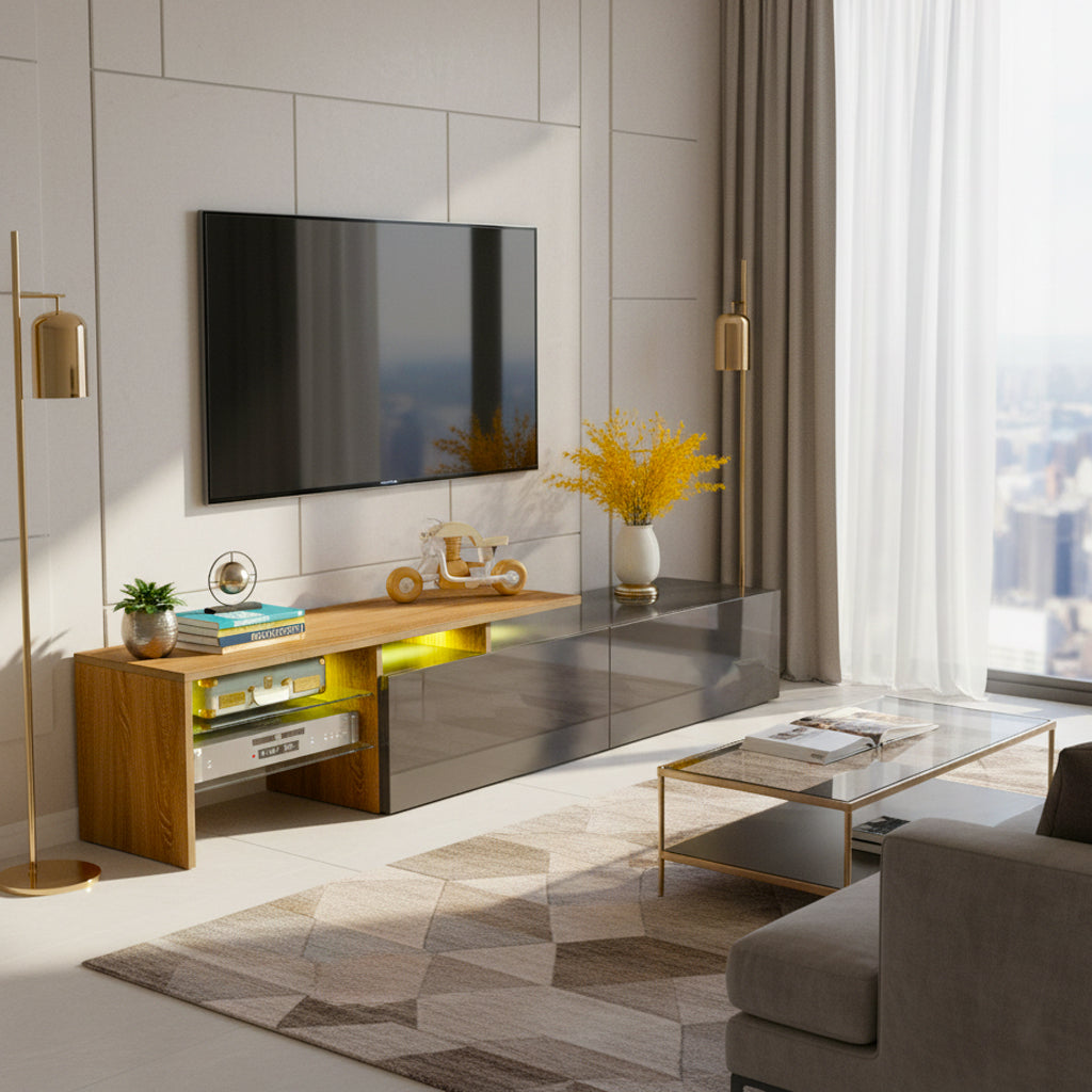 Modern black high gloss TV cabinet with glass shelves and LED lighting KETTLEHOLE