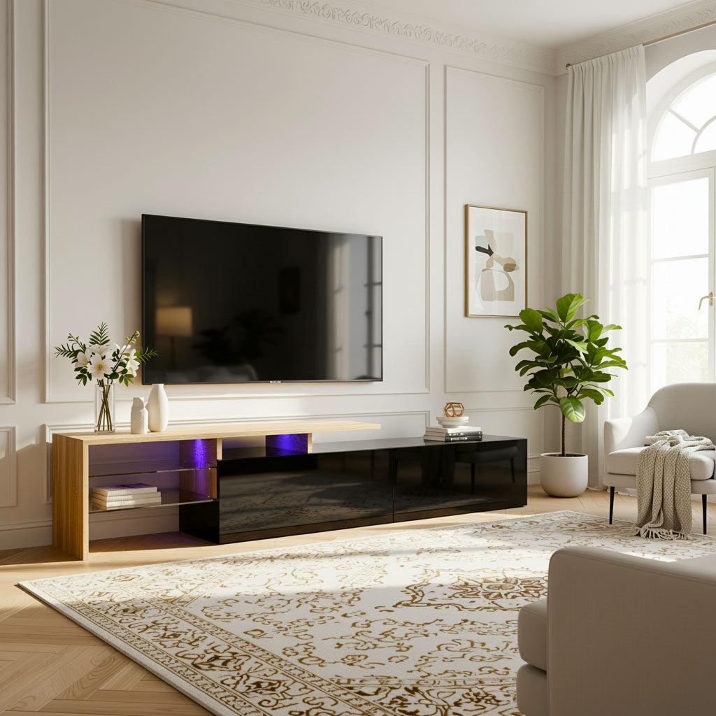 Modern black high gloss TV cabinet with glass shelves and LED lighting KETTLEHOLE