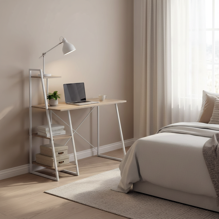 Desk with integrated shelves in white and wood grain style POUCHU WOOD A