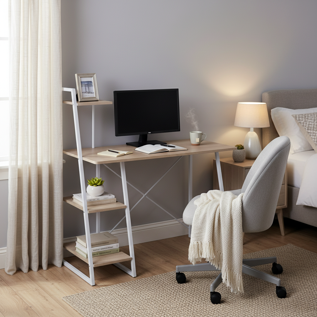 Desk with integrated shelves in white and wood grain style POUCHU WOOD A