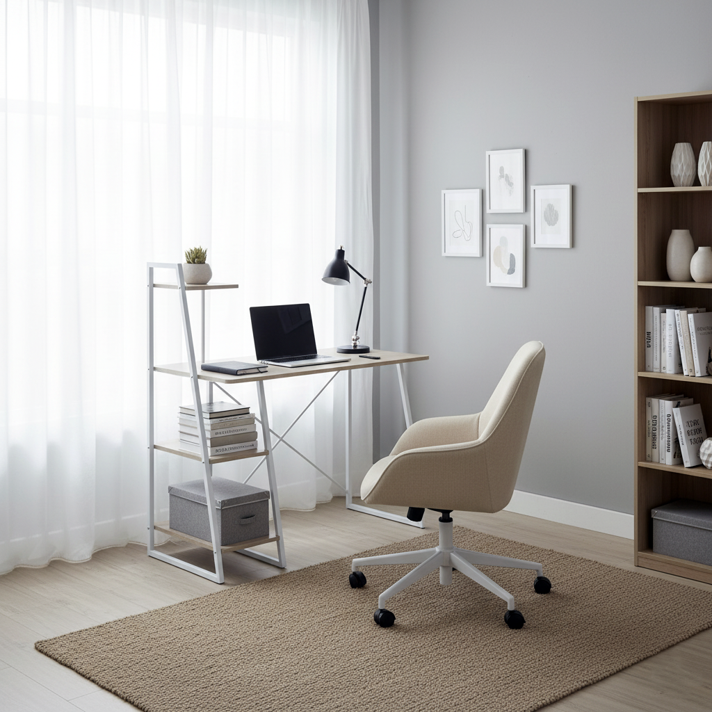 Desk with integrated shelves in white and wood grain style POUCHU WOOD A