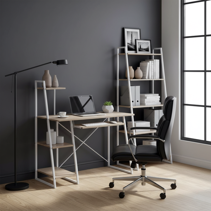 Desk with integrated shelves in white and wood grain style POUCHU WOOD A