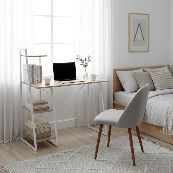 Desk with integrated shelves in white and wood grain style POUCHU WOOD A