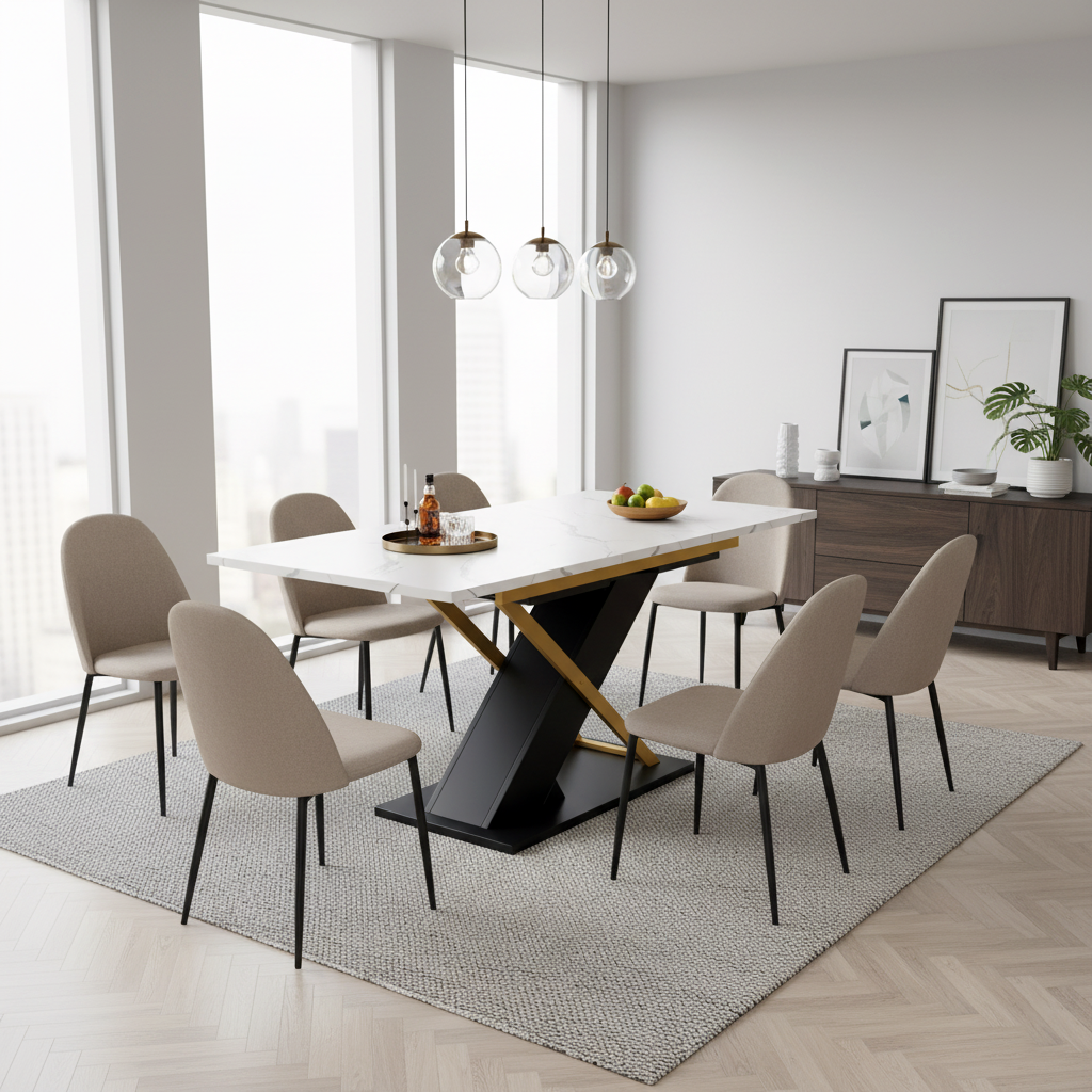 Extendable dining table 120–160 × 80 cm with marble-look top and golden cross legs COPPICEKNOLL